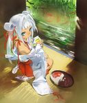  2344 bamboo bare_shoulders blue_eyes breasts dark_skin drinking lemon_milk looking_back oshiro_project seiza sitting small_breasts tatami utsunomiya_(oshiro_project) white_hair 