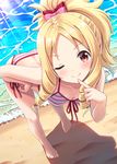  ;) bad_anatomy bad_perspective bangs bare_arms barefoot beach bikini blonde_hair blush bow breasts brown_eyes closed_mouth collarbone commentary_request day eromanga_sensei eyebrows_visible_through_hair finger_to_mouth front-tie_bikini front-tie_top full_body hair_bow hand_on_hip highres hyuuga_azuri index_finger_raised leaning_forward legs_apart long_hair looking_at_viewer medium_breasts ocean one_eye_closed outdoors parted_bangs pink_bow ponytail red_bow ringlets shadow side-tie_bikini sidelocks smile solo standing striped striped_bikini swimsuit water yamada_elf 