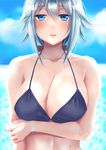  architect bangs bikini_top blue_eyes blush breasts cleavage crossed_arms frame_arms_girl hitomi_karera large_breasts ocean parted_lips solo 