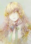  blonde_hair blue_bow bow buttons eyelashes fabri grey_background long_hair messy_hair open_mouth original smile solo upper_body yellow_eyes 