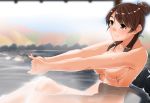  1girl bathing brave_witches breasts brown_eyes brown_hair groin hair_bun highres hiroshi_(hunter-of-kct) karibuchi_takami long_hair nude onsen partially_submerged scar sidelocks smile solo steam stretch strike_witches underwear weapon world_witches_series 