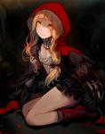  :d bangs black_dress black_skirt blonde_hair blunt_bangs blush boots breasts cloak detached_collar dress eyes_visible_through_hair frilled_skirt frills full_body grin hair_ribbon hand_up highres holding holding_hair hood knee_boots legs lips little_red_riding_hood_(sinoalice) long_hair long_sleeves looking_at_viewer low_tied_hair open_mouth orange_eyes pink_lips red_footwear red_hood red_ribbon ribbon seiza sinoalice sitting skirt small_breasts smile solo teeth walzrj 