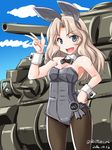  animal_ears black_bow black_legwear black_neckwear blonde_hair blue_eyes bow bowtie breasts bunny_ears bunnysuit character_name cleavage cloud cloudy_sky cowboy_shot dated day detached_collar fake_animal_ears girls_und_panzer grey_leotard ground_vehicle hair_intakes hand_on_hip kay_(girls_und_panzer) leotard long_hair looking_at_viewer m4_sherman medium_breasts military military_vehicle motor_vehicle open_mouth outdoors pantyhose romaji side-tie_leotard sky smile solo standing strapless strapless_leotard tank tatsumi_ray twitter_username v wrist_cuffs 