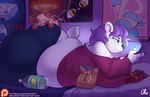  2016 anthro bear bed bedroom belly big_breasts breast_squish breasts clothing digital_media_(artwork) female food fur gamer gaming hair huge_breasts lying mammal midriff nekocrispy night obese on_front overweight pants patreon playing_videogame plushie poster purple_hair shirt solo video_games white_fur 