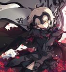  ;) ahoge armor bangs black_dress black_legwear blurry commentary_request depth_of_field dress eyebrows_visible_through_hair fate/grand_order fate_(series) flag flower gauntlets grey_hair headpiece holding holding_flag holding_sword holding_weapon jeanne_d'arc_(alter)_(fate) jeanne_d'arc_(fate)_(all) licking licking_weapon looking_at_viewer ogipote one_eye_closed parted_lips petals poinsettia red_flower smile solo standard_bearer sword thighhighs weapon yellow_eyes 