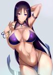  arm_up armpits bikini blush bracelet breasts closed_mouth collarbone commentary_request contrapposto cowboy_shot fate/grand_order fate_(series) grey_background jewelry large_breasts long_hair looking_at_viewer minamoto_no_raikou_(fate/grand_order) navel purple_bikini purple_eyes purple_hair saisarisu simple_background smile solo standing swimsuit thigh_gap thighs very_long_hair 