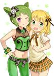  ;) bangs black_bow blonde_hair blunt_bangs blush bow breasts collared_shirt commentary_request cowboy_shot crossover double_bun eyebrows_visible_through_hair fang fang_out flower gochuumon_wa_usagi_desu_ka? green_eyes green_hair green_pants green_shirt hair_bow hair_flower hair_ornament hair_ribbon hand_on_another's_shoulder hand_on_hip hand_to_own_mouth kirima_sharo looking_at_viewer midriff morizono_wakana multiple_girls navel neck_ribbon one_eye_closed open_mouth pants plaid plaid_skirt pretty_(series) pretty_rhythm pretty_rhythm_rainbow_live purple_eyes ribbon rose school_uniform see-through seiyuu_connection shirt short_hair short_sleeves skirt sleeveless sleeveless_shirt small_breasts smile standing star striped striped_bow striped_ribbon sweatdrop sweater sweater_vest uchida_maaya ug_(nekonekodou) wavy_mouth white_background white_shirt yellow_sweater 