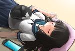  bangs black_hair blue_sailor_collar blue_skirt blunt_bangs cat cat_on_person closed_eyes flat_chest handheld_game_console hatsuyuki_(kantai_collection) kantai_collection koharuko_(khrkhrk) long_hair lying on_back pillow playstation_vita pleated_skirt sailor_collar school_uniform serafuku skirt sleeping straight_hair unsinkable_sam 