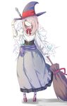  1girl broom dress hair_over_one_eye little_witch_academia long_hair pink_hair red_eyes shoes solo sucy_manbavaran witch 