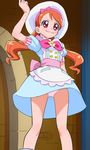  arm_up beret blue_skirt blush haruyama_kazunori hat kirakira_patisserie_uniform kirakira_precure_a_la_mode long_hair orange_hair panties pantyshot pantyshot_(standing) pink_panties precure red_eyes skirt smile solo standing twintails underwear usami_ichika white_hat 