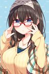  adjusting_eyewear bespectacled black_hair blue_eyes blush breasts glasses hairband highres idolmaster idolmaster_cinderella_girls jewelry long_hair looking_at_viewer medium_breasts pendant red-framed_eyewear ribbed_sweater sagisawa_fumika shawl solo sweater tsukudani_norio 