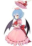  bat_wings blue_hair blush bow crossed_arms dress fkey frilled_shirt_collar frills hat hat_removed hat_ribbon headwear_removed jewelry mob_cap pads pink_dress puffy_short_sleeves puffy_sleeves red_bow red_eyes red_ribbon remilia_scarlet ribbon ribbon_trim short_hair short_sleeves solo standing sweatdrop touhou wings wrist_cuffs 