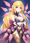  bad_id bad_pixiv_id bare_shoulders blonde_hair breast_hold breasts brown_legwear cleavage dark_persona eyebrows_visible_through_hair finger_to_mouth gloves hair_ribbon half_updo heart_cutout jokerace03 large_breasts long_hair looking_at_viewer navel navel_cutout nepnep_connect:_chaos_chanpuru neptune_(series) overskirt pelvic_curtain purple_eyes ribbon sleeveless smile solo thighhighs vert vert_(chaos_form) very_long_hair 