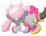  1boy 1girl animated animated_gif artist_request crystal diancie eyes_closed gem green_eyes hands_together hoopa horns laughing no_humans open_mouth pokemon pokemon_(creature) pokemon_xy simple_background smile tears teeth tickling white_background yellow_sclera 