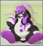  ! 2018 3_fingers 3_toes ? anthro dialogue digital_drawing_(artwork) digital_media_(artwork) english_text featureless_crotch hair hi_res hindpaw lagomorph long_ears male mammal nude open_mouth overweight paws plushie post_transformation purple_eyes purple_hair rabbit simple_background solo sweat text toes transformation xyo yuniwolfsky 