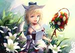  :d animal_ears apron augu_(523764197) bad_id bad_pixiv_id blade_&amp;_soul blue_bow blue_eyes bow choker collarbone detached_sleeves flower grass lily_(flower) looking_to_the_side maid open_mouth ponytail smile solo staff tail wrist_cuffs 