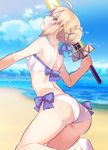  ahoge artoria_pendragon_(all) artoria_pendragon_(swimsuit_archer) ass beach bikini blonde_hair braid breasts cloud commentary day excalibur fate/grand_order fate_(series) green_eyes holding holding_sword holding_weapon looking_at_viewer looking_back makita_(homosapiensu) medium_breasts ocean open_mouth outdoors sky solo swimsuit sword weapon white_bikini 
