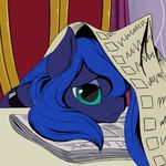  2017 blue_hair equine female feral friendship_is_magic green_eyes hair hi_res horn inside jewelry looking_at_viewer mammal my_little_pony necklace newspaper princess_luna_(mlp) scroll solo tired unicorn vistamage 