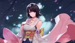  bare_shoulders black_hair detached_sleeves final_fantasy final_fantasy_x hand_on_own_chest heterochromia jewelry kishiyo looking_to_the_side md5_mismatch necklace obi petals sash smile solo traditional_clothes wide_sleeves wind yuna_(ff10) 