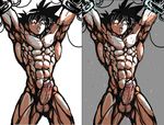  1boy abs bara black_hair blood dragon_ball dragonball_z erection male_focus muscle nude penis restrained testicle 