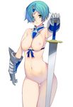  aqua_hair breasts censored forehead_jewel gauntlets gorget green_eyes hair_over_one_eye highres masao medium_breasts mosaic_censoring nipples nude original planted_sword planted_weapon pussy ribbon short_hair solo standing sword thigh_gap weapon 