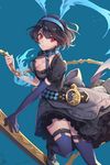  alice_(sinoalice) belt black_legwear blue_background blue_hair breasts chain cleavage dress elbow_gloves eyelashes frills gloves glowing highres holding kisano_takumi looking_at_viewer medium_breasts pale_skin patterned_clothing puffy_short_sleeves puffy_sleeves red_eyes short_hair short_sleeves sinoalice solo thighhighs 