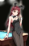  animal_ears black_bow black_neckwear blush bow bowtie breasts brown_legwear bunny_ears bunnysuit cleavage cue_stick eyebrows_visible_through_hair fake_animal_ears hairband large_breasts long_hair looking_at_viewer love_live! love_live!_sunshine!! orange_eyes pantyhose pool_table red_hair sakurauchi_riko smile solo wrist_cuffs yopparai_oni 