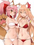  animal_ear_fluff animal_ears bangs bare_shoulders bikini blush bow bracelet breast_press breasts brown_hair cat_hair_ornament cat_paws choker cleavage collar commentary_request eyebrows fang fate/extra fate/extra_ccc fate/extra_ccc_fox_tail fate/grand_order fate_(series) fox_ears fox_tail gloves hair_bow hair_ornament hand_up hips jewelry large_breasts long_hair looking_at_viewer multiple_girls navel one_eye_closed open_mouth paw_gloves paws pink_hair ponytail red_bikini side-tie_bikini sidelocks simple_background smile strapless strapless_bikini suzuka_gozen_(fate) swimsuit symmetrical_docking tail tamamo_(fate)_(all) tamamo_cat_(fate) white_background white_bikini yaman yellow_eyes 
