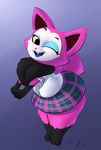  093_(artist) 2016 3_toes anthro blinking canine clothing eyebrows eyelashes eyeshadow female fox fur gloves_(marking) makeup mammal markings monster one_eye_closed pink_fur shirt skirt slightly_chubby socks_(marking) solo telemonster thick_thighs toes tuft wide_hips wink yossi 