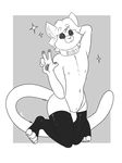  anthro biting_lip clothed clothing collar crossdressing feline g-string greyscale kneeling komponi legwear looking_at_viewer male mammal monochrome nipples rubber smile solo thigh_highs underwear wide_hips 