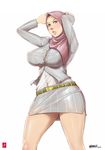  belt blush breasts formal green_eyes highres hijab large_breasts miniskirt muslim office_lady original pencil_skirt pinstripe_suit skirt skirt_suit solo striped suit zephyr_aile 