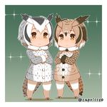  artist_name black_hair blush border brown_eyes brown_hair capriccyo chibi closed_mouth coat crossed_arms eurasian_eagle_owl_(kemono_friends) eyebrows_visible_through_hair frown full_body green_background grey_hair hair_between_eyes head_wings kemono_friends looking_away multicolored_hair multiple_girls northern_white-faced_owl_(kemono_friends) outline pantyhose sparkle standing tail twitter_username white_hair white_legwear 