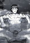  1boy abs character_request hat kemukemuke looking_at_viewer lying male_focus nude penis scar solo tagme testicles water we 