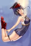  air_bubble blue_hair blue_swimsuit boots breasts brown_eyes bubble covered_nipples full_body hat headphones high_heels highres i-13_(kantai_collection) kantai_collection looking_at_viewer medium_breasts one-piece_swimsuit parted_lips red_footwear satou_daiji school_swimsuit see-through short_hair solo submerged swimsuit thigh_strap underwater 