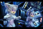  animal_ears blonde_hair bodysuit bow bowtie chromatic_aberration commentary common_raccoon_(kemono_friends) fake_animal_ears fang fennec_(kemono_friends) gloves helmet interior kemono_friends letterboxed mecha movie_reference multiple_girls open_mouth pacific_rim parody pilot_suit piloting smile ueyama_michirou 