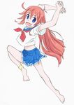  :d ahoge anklet arai_hiroki barefoot blue_eyes flip_flappers highres jewelry long_hair midriff open_mouth orange_hair papika_(flip_flappers) school_uniform serafuku smile solo very_long_hair white_background 