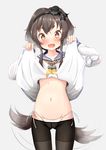  anchor_symbol bangs black_hairband black_hat black_legwear blush brown_eyes brown_hair chain clothes_lift collarbone cowboy_shot dog_tail fang gradient_hair grey_background grey_hair hairband hat highres kantai_collection kemonomimi_mode lifted_by_self long_sleeves looking_at_viewer lowleg_pantyhose mini_hat mochiyuki motion_lines multicolored_hair navel neckerchief open_clothes open_mouth open_shirt panties panties_under_pantyhose pantyhose partially_unbuttoned ribbon school_uniform serafuku shirt short_hair_with_long_locks side-tie_panties sidelocks simple_background solo standing stomach tail tail_wagging tareme tokitsukaze_(kantai_collection) underwear white_panties white_ribbon white_shirt yellow_neckwear 