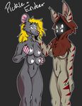  anthro blonde_hair blue_eyes breasts endeer_(character) female female/female fruxuyup_(artist) fur grey_background hair hood mammal markings marsupial nipples opossum pickle_possum_(character) red_markings simple_background smile 