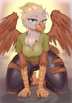  anthro avian beak bird blue_eyes clothed clothing eyelashes facial_piercing feathered_wings feathers female leather_pants lonelycross looking_at_viewer piercing simple_background smile solo thick_thighs wings 