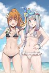  asa_(teng_zi) ass_visible_through_thighs bangs beach bikini black_bikini blue_sky blush bow bracelet brown_hair cloud cloudy_sky collarbone commentary cowboy_shot day eromanga_sensei eyebrows_visible_through_hair flower frilled_bikini frills goggles goggles_on_head hair_bow hair_flower hair_ornament hand_on_hip hand_on_own_chest holding izumi_sagiri jewelry jinno_megumi looking_at_viewer looking_away looking_to_the_side multiple_girls navel ocean open_mouth orange_eyes outdoors pinky_out ponytail purple_bow silver_hair sky smile swimsuit teeth thighs water_gun white_bikini white_flower 