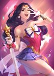  absurdres alternate_costume armlet back_bow bare_shoulders black_hair bow bracer collarbone dc_comics earrings gloves hair_bow headpiece highres jewelry lasso magical_girl o-pan one_eye_closed open_mouth ribbon skirt smile solo star star_earrings strapless sword thighhighs v v_over_eye weapon wonder_woman wonder_woman_(series) 