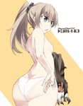  ass back blue_eyes breasts brown_hair character_name clothes_removed eyebrows_visible_through_hair hair_between_eyes kantai_collection kumano_(kantai_collection) long_hair open_mouth panties ponytail sideboob small_breasts solo souji topless torn_clothes underwear underwear_only white_panties 