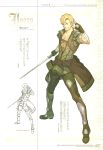  1boy bandage blonde_hair character_name clothes_around_waist fire_emblem fire_emblem_echoes:_mou_hitori_no_eiyuuou full_body hidari_(left_side) highres jacket_around_waist jesse_(fire_emblem) looking_at_viewer nintendo non-web_source official_art salute scan shirt smile solo sword two-finger_salute weapon 