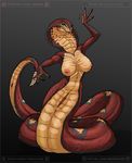  absurd_res anus big_breasts breasts claws cobra dancing female hi_res jessica_anner lamia naga pussy red_scales reptile scales scalie sha&#039;an simple_background slightly_chubby snake solo yellow_scales 