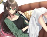  bangs black_shirt breasts brown_hair casual closed_mouth collarbone couch eyebrows_visible_through_hair green_eyes green_jacket hair_between_eyes highres holding holding_sword holding_weapon jacket katana knees_up long_hair long_sleeves medium_breasts on_couch onineko-chan open_clothes open_jacket original scabbard sheath sheathed shirt sitting skirt sleeves_past_elbows smile solo sword weapon white_skirt 