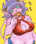  2016 anthro belly breasts bubonikku cleavage clothed clothing colored_nails colored_sketch doughnut eating feline female food fur green_eyes hair horn japanese_text kemono looking_at_viewer mammal navel nipple_bulge overweight pink_fur purple_hair simple_background slit_pupils solo text yellow_background 