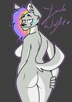  anthro big_breasts black_nose blue_eyes breasts butt female fruxuyup_(artist) fur grey_background hair jude_wolfite_(character) looking_at_viewer mammal nipples presenting simple_background smile solo thick_thighs white_fur 
