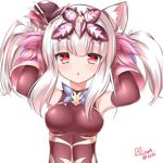  alternate_hairstyle animal_ears armpits arms_up bunching_hair chestnut_mouth chinese_clothes elbow_gloves gloves hair_ornament haku_(p&amp;d) highres leotard lilium0235 looking_at_viewer multicolored_hair open_mouth purple_hair puzzle_&amp;_dragons red_eyes signature solo tiger_ears twintails two-tone_hair white_hair 