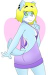  2017 anthro big_butt breasts butt butt_shot clothed clothing cute debby_katt digital_media_(artwork) feline female fur green_eyes hair hi_res looking_at_viewer mammal mcfly0crash pose raised_tail rear_view simple_background smile solo standing sweater virgin_killer virgin_killer_sweater 