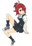  arai_hiroki arm_support hair_ornament hairclip highres kiznaiver ponytail red_eyes red_hair school_uniform scrunchie sitting solo takashiro_chidori white_background yellow_scrunchie 